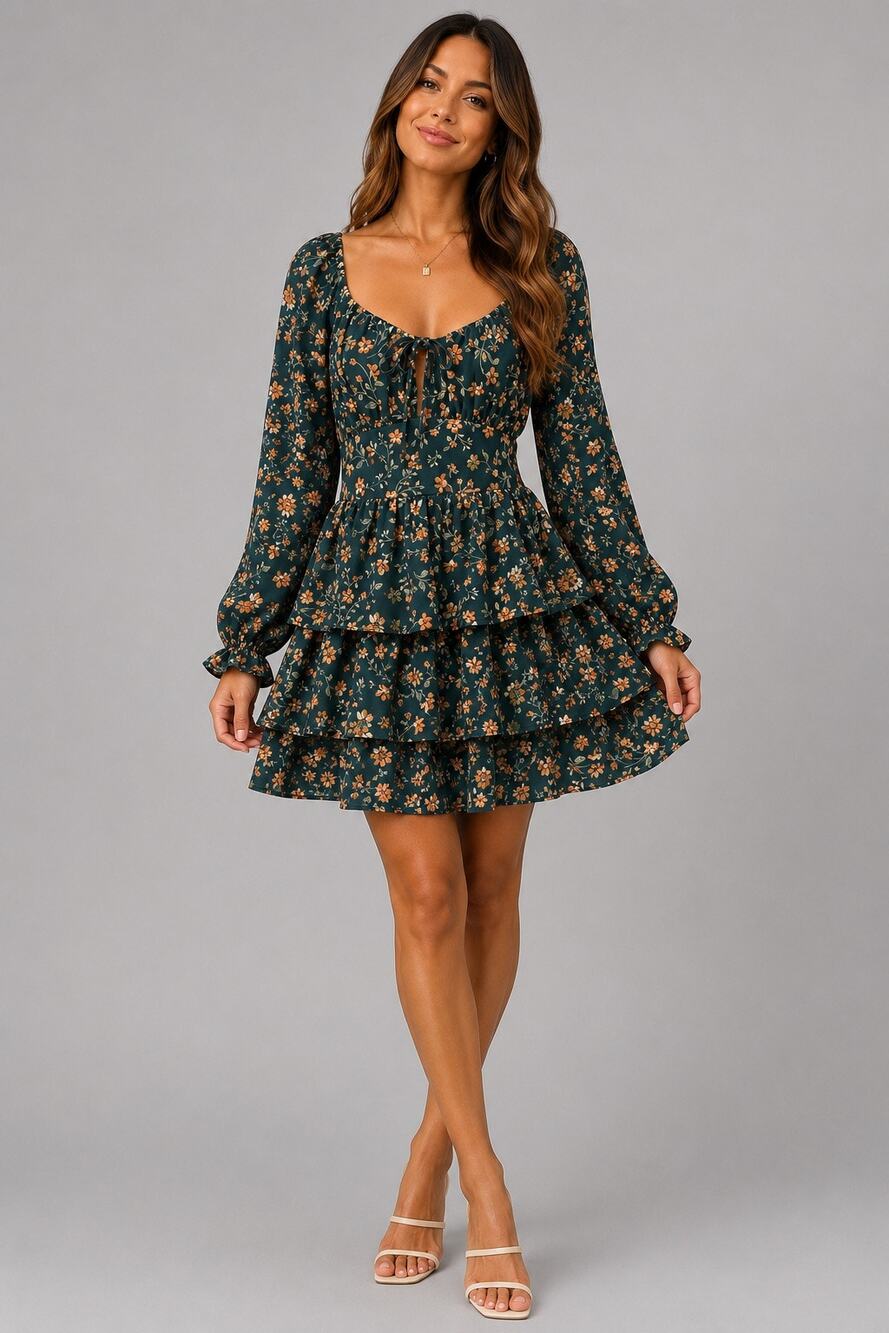 Inspired Hearts Green Floral Tiered Mini Dress Long Sleeve Cottagecore Size L